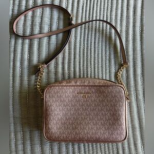 Michael Kors Jacquard Metallic Pink Rose Gold Beige Crossbody Bag Purse